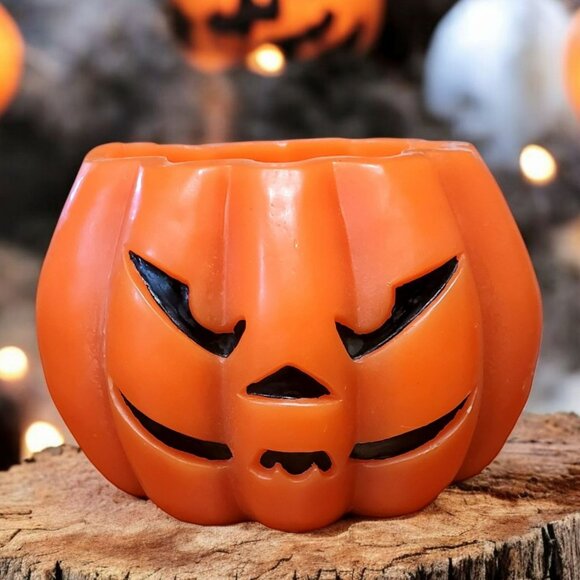 New Pumpkin Candle Halloween Jack O Lantern Autumn Fall Decor 3 Wick Heavy VTG - Picture 1 of 9